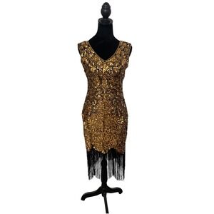 Sparkling Gold Black Sequin Fringe Flapper Dress Gatsby Roaring 20s Costume‎ XS